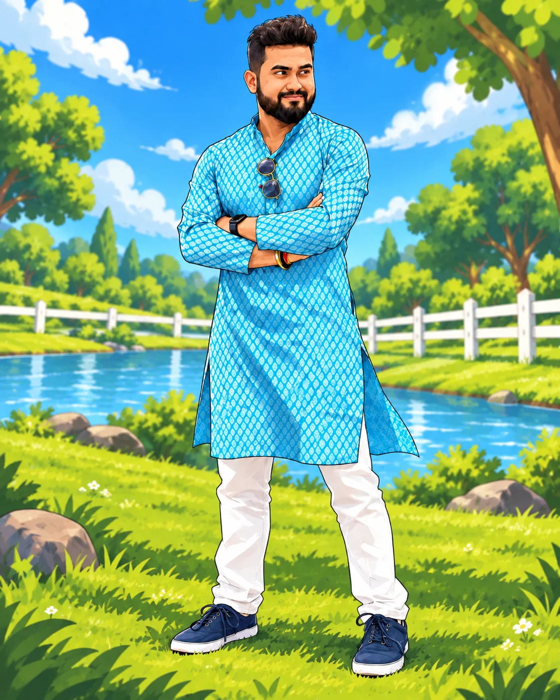Illustrated portrait of Sai Daya Shankar in a blue kurta beside a lake